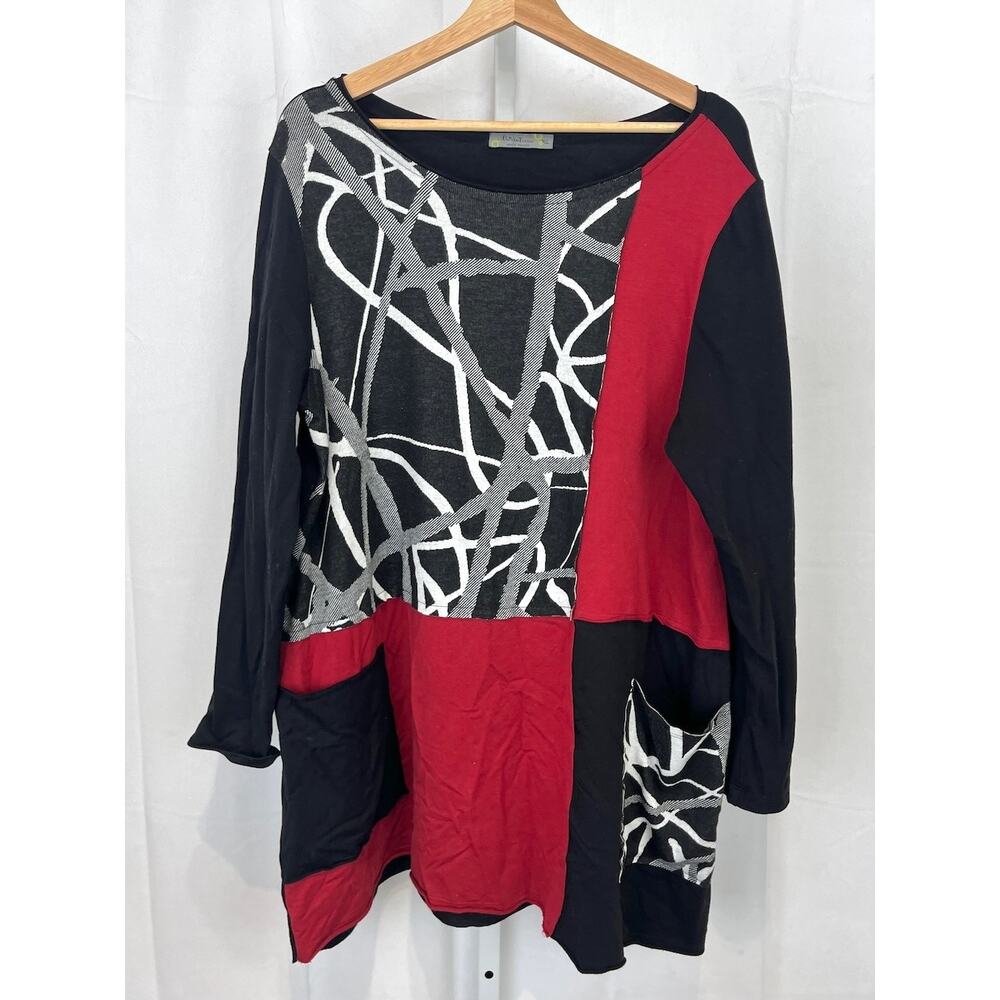 CHALET ET CECI Mixed Print Tunic Top 3/4 Sleeve Pockets Black Red White Size XL - Picture 8 of 8